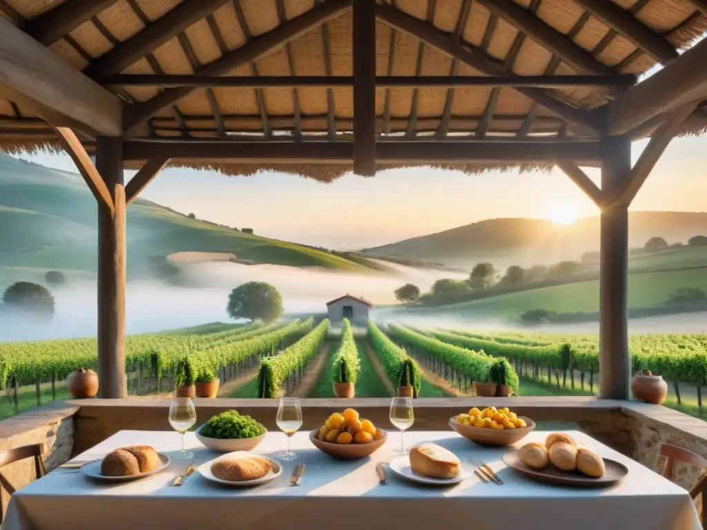 Experiencias culinarias sostenibles en Francia: Escena de una granja francesa rústica con mesa al aire libre y chef cocinando al atardecer