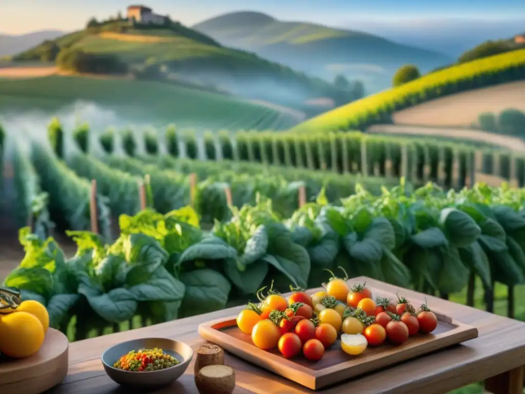 Experiencias culinarias sostenibles en Francia: mesa rústica con productos frescos, chef cocinando al aire libre, viñedos al atardecer