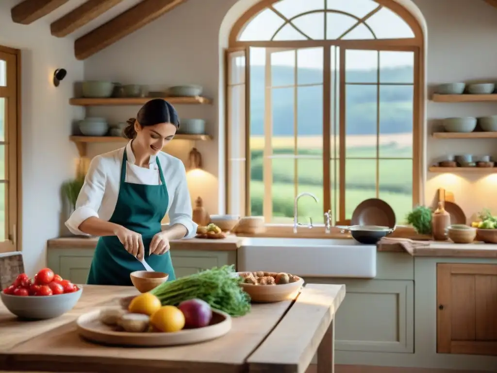 Experiencias culinarias sostenibles en Francia: Cocina rústica francesa con chef preparando plato gourmet