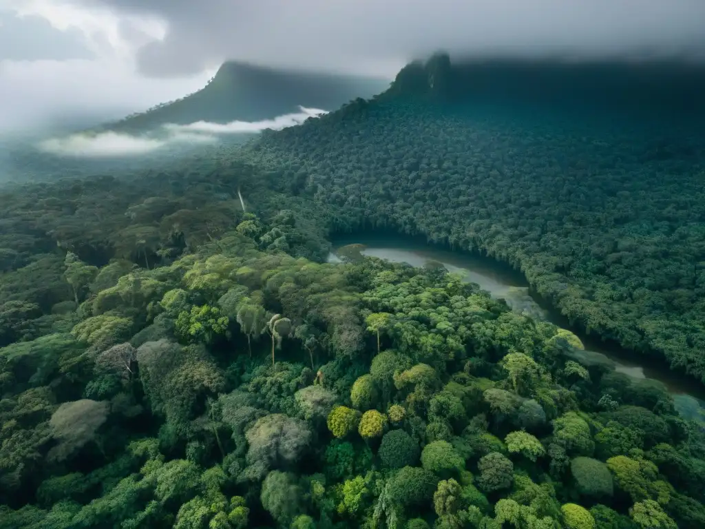 Experiencias ecoturismo respeto planeta: Vista aérea de selva verde con río serpenteante y juegos de luz entre hojas