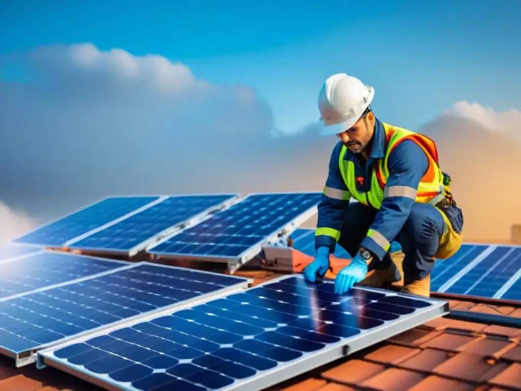 Instalación experta de paneles solares en tejado soleado Instalación experta de paneles solares en tejado bajo el sol brillante, resaltando la eficiencia de la energía solar