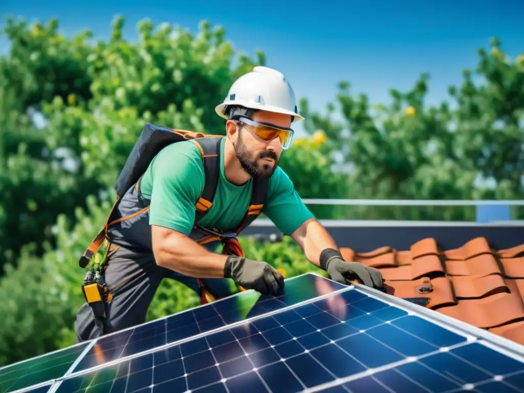 Experto instalador paneles solares casa eco asegurando panel en tejado bajo cielo azul