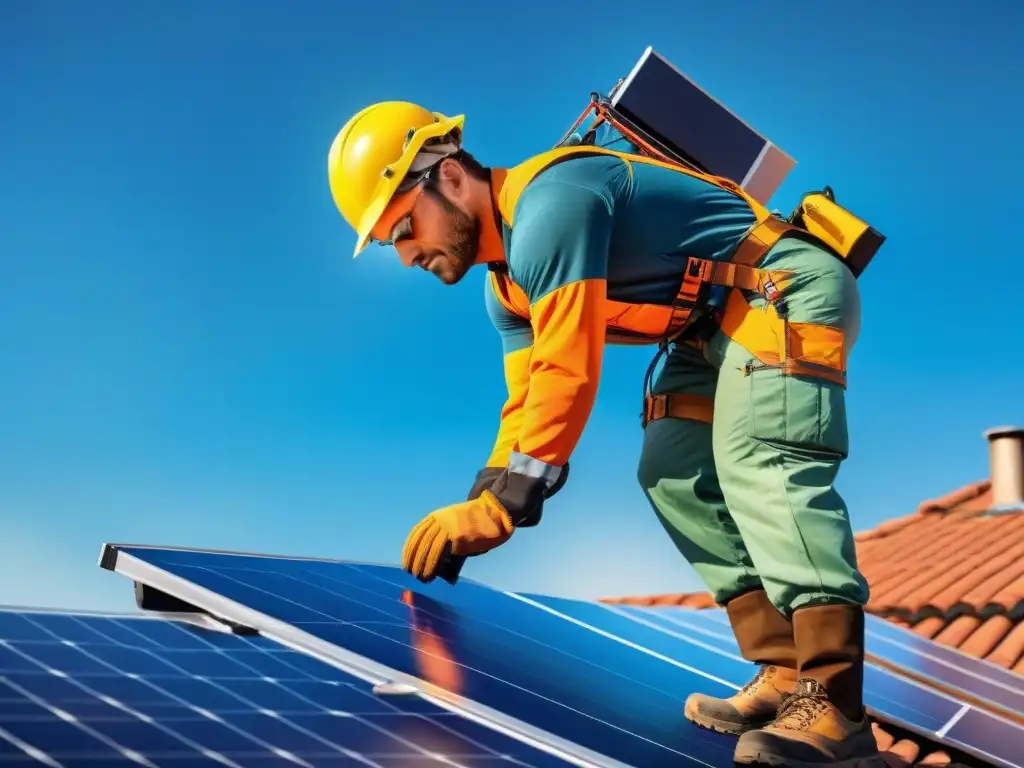 Un experto instalador de paneles solares en una casa eco, colocando con precisión un panel reluciente en el tejado residencial