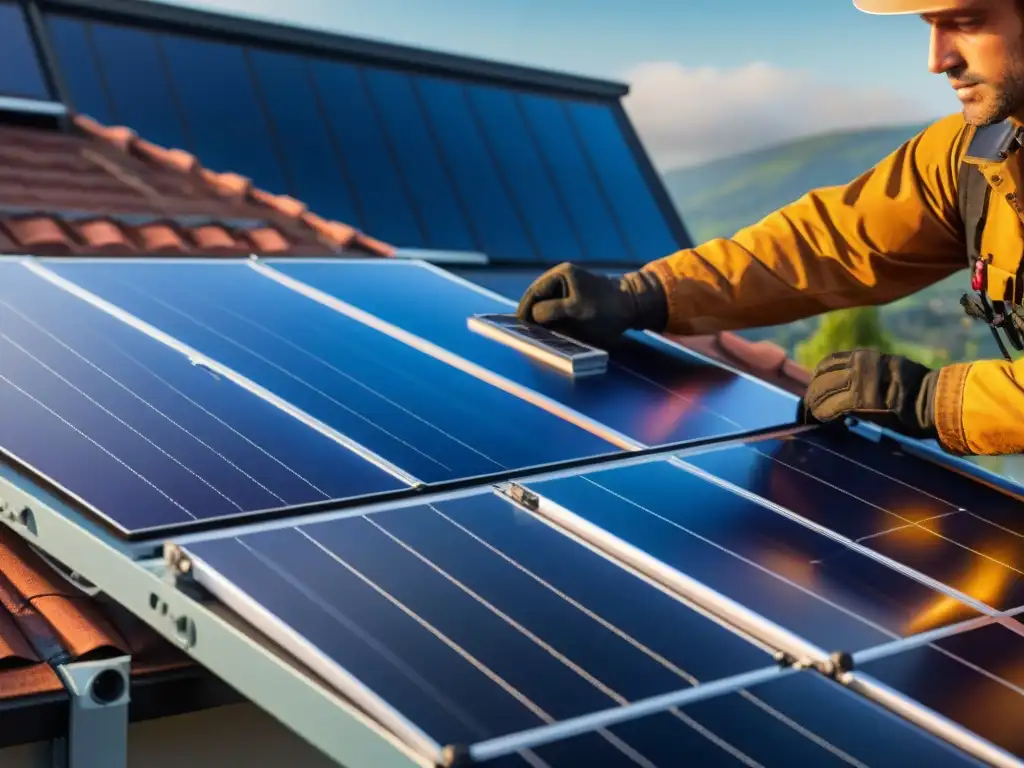 Un experto instalando un panel solar en tejado residencial con destreza, bañado por luz dorada