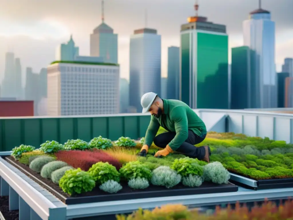 Un experto instalando plantas verdes en un techo, con la ciudad al fondo