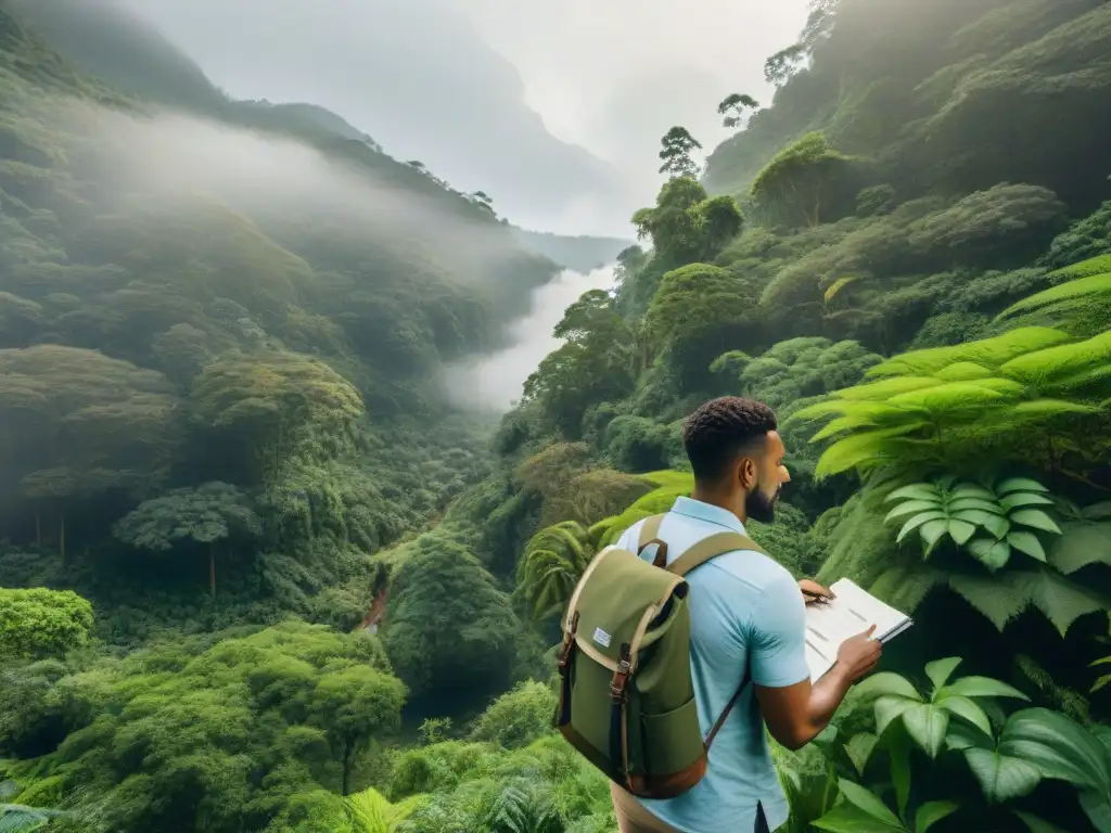 Exploración sostenible de arquitectura en bosque virgen con entusiastas documentando plantas y materiales ecológicos