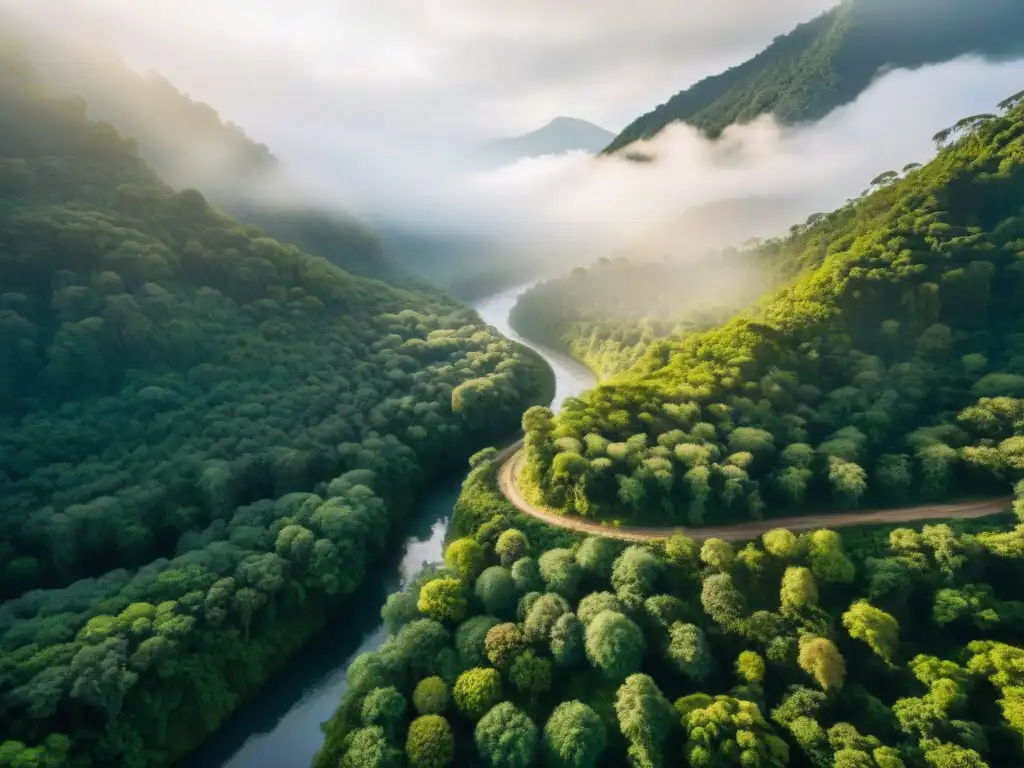 Exploración sostenible en un bosque exuberante con río, hikers y equipamiento ecológico