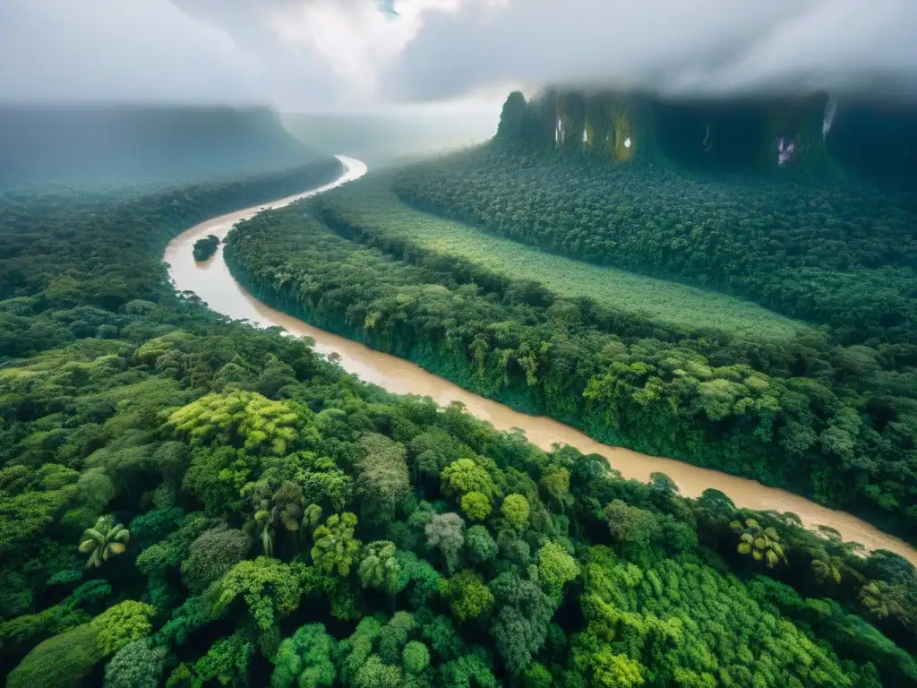 Exploración sostenible en la exuberante selva: luz filtrándose entre frondoso dosel, río serpenteante y diversidad de plantas