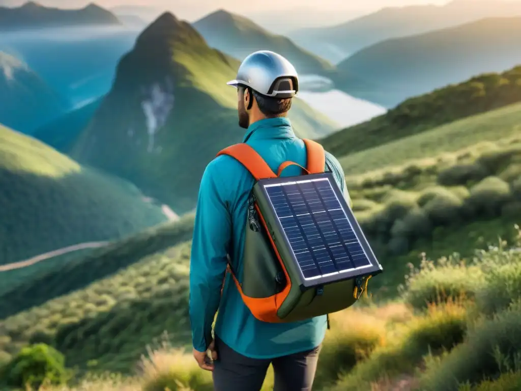 Un explorador en la naturaleza con paneles solares portátiles ecológicos