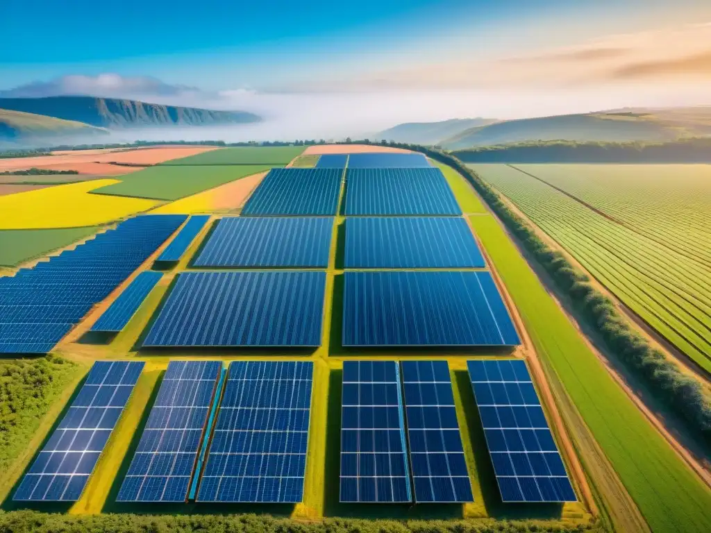 Un extenso campo de paneles solares brillantes bajo el cielo azul, mostrando la tecnología sostenible para minimizar huella