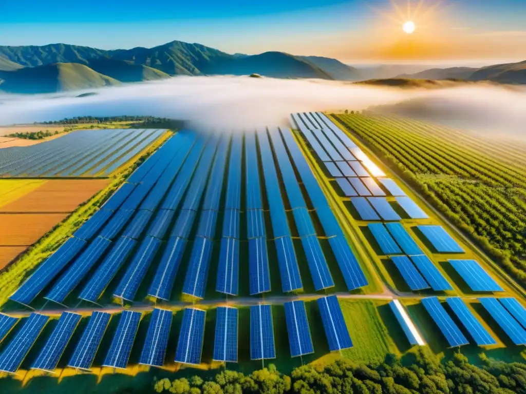 Un extenso campo de paneles solares respetuosos, brillando bajo el sol en un valle soleado