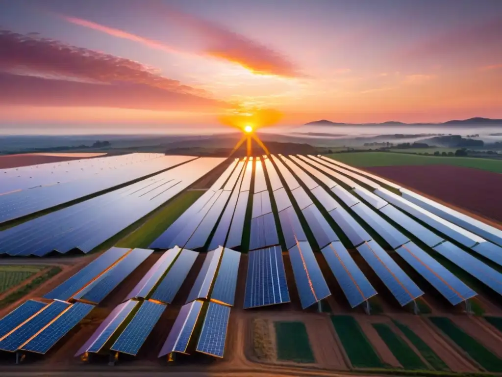 Un extenso campo de paneles solares brilla bajo un cielo anaranjado, capturando la energía renovable al atardecer