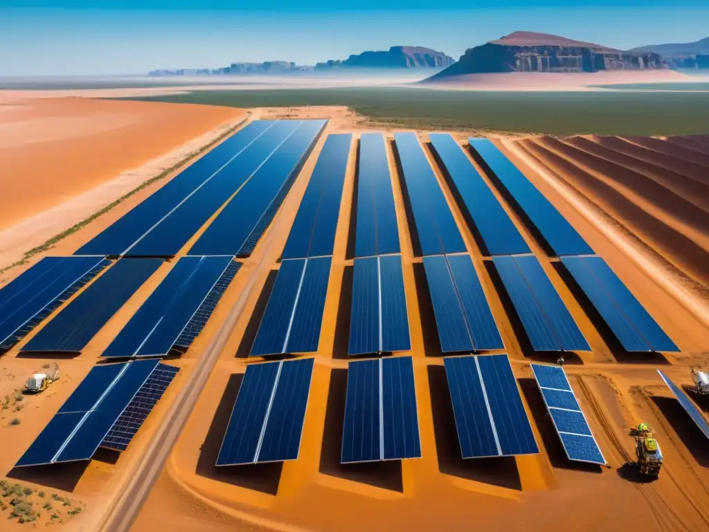 Un extenso campo de paneles solares en el desierto, ingenieros inspeccionan