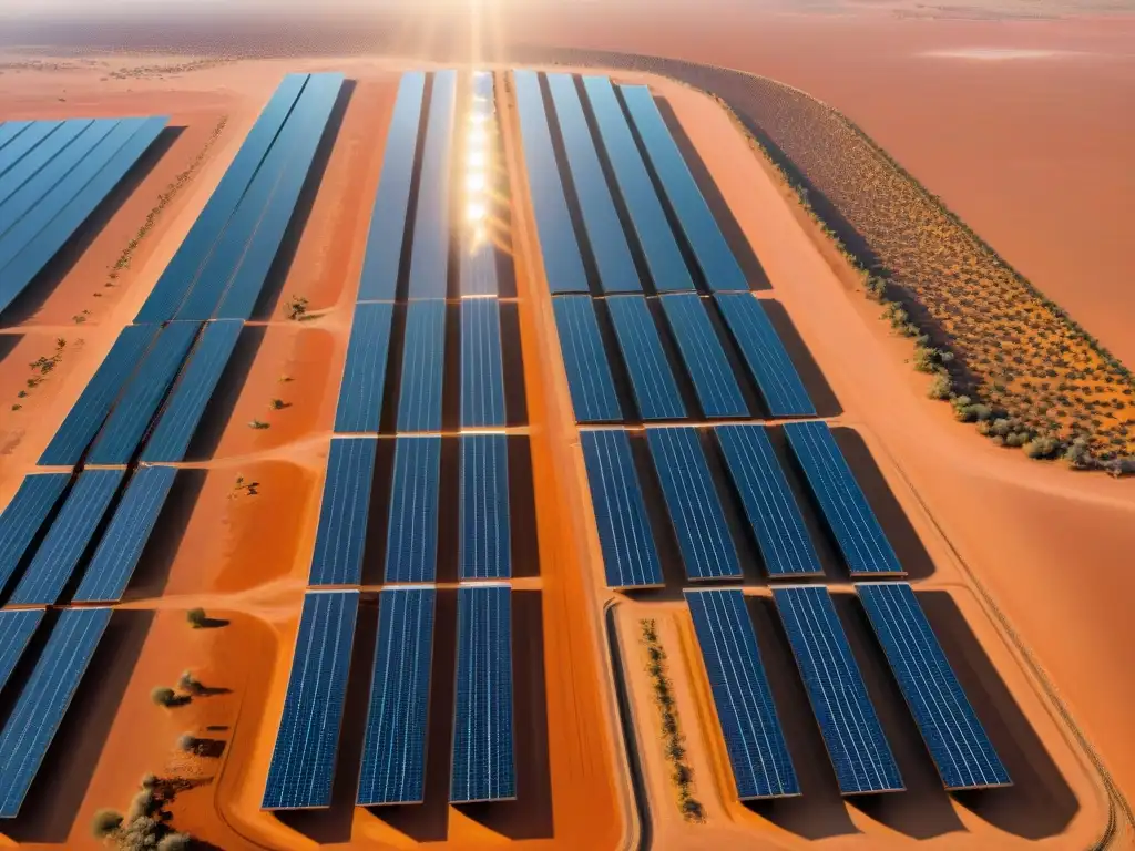 Un extenso campo solar en el desierto, con paneles brillantes reflejando el sol