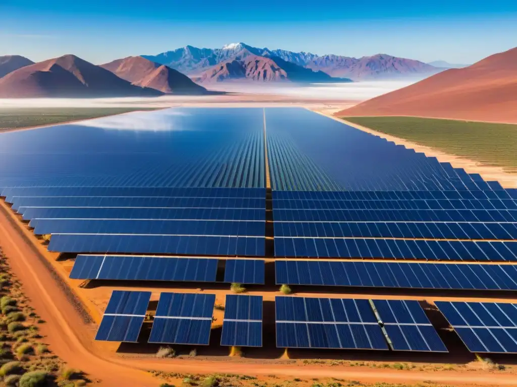 Un extenso campo solar en un paisaje desértico, con paneles brillantes reflejando la luz solar