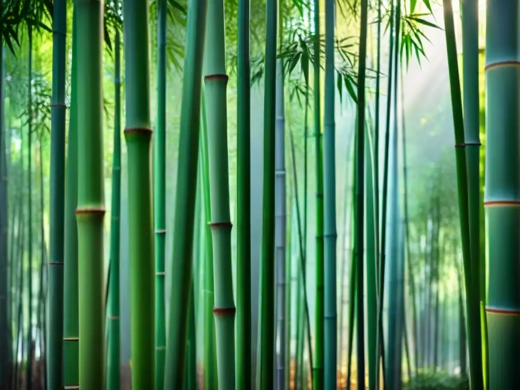 Bosque de bambú: luz matutina resalta su belleza y resistencia Exuberante bosque de bambú con luz matutina, resaltando su belleza para materiales construcción sostenibles revolucionarán'