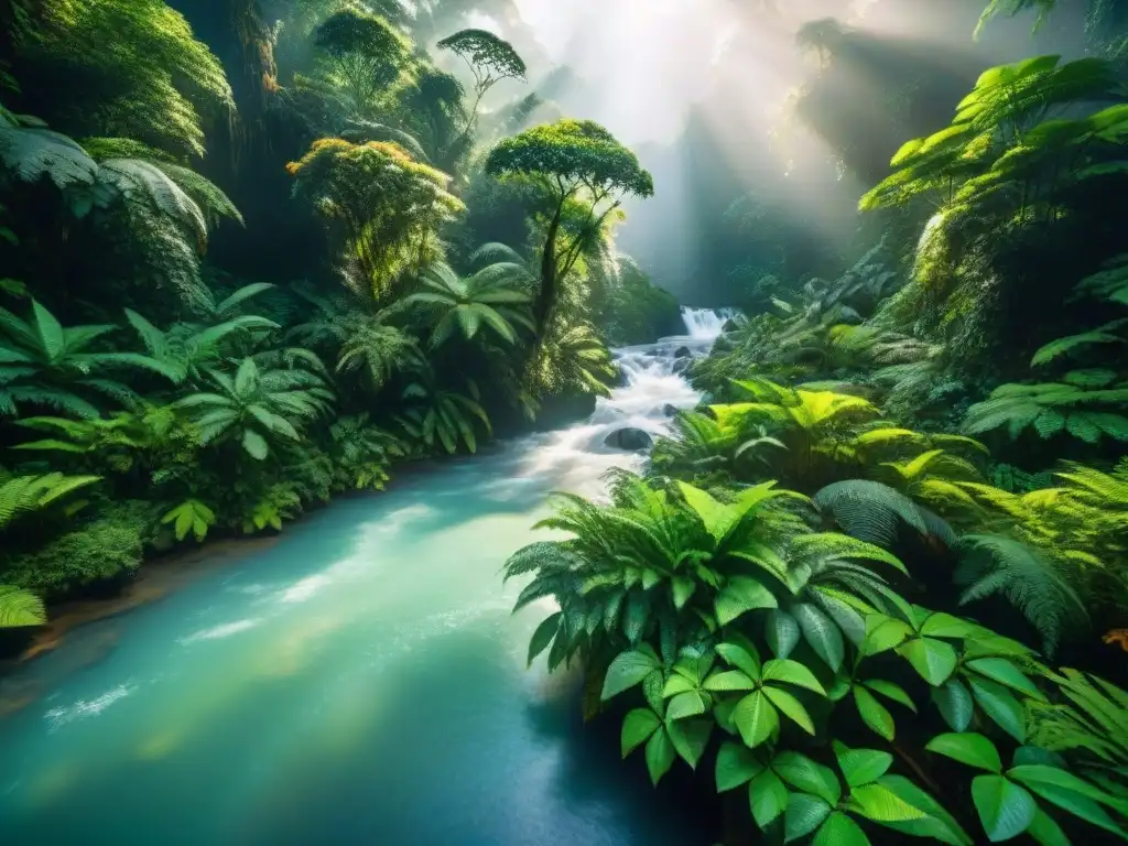 Un exuberante bosque lluvioso con diversa vida silvestre y un arroyo cristalino