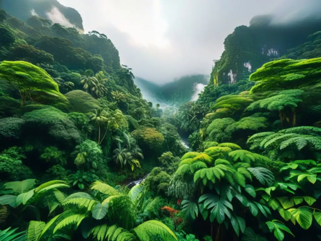 Un exuberante bosque tropical con aves coloridas, río serpenteante y la naturaleza en su forma más pura