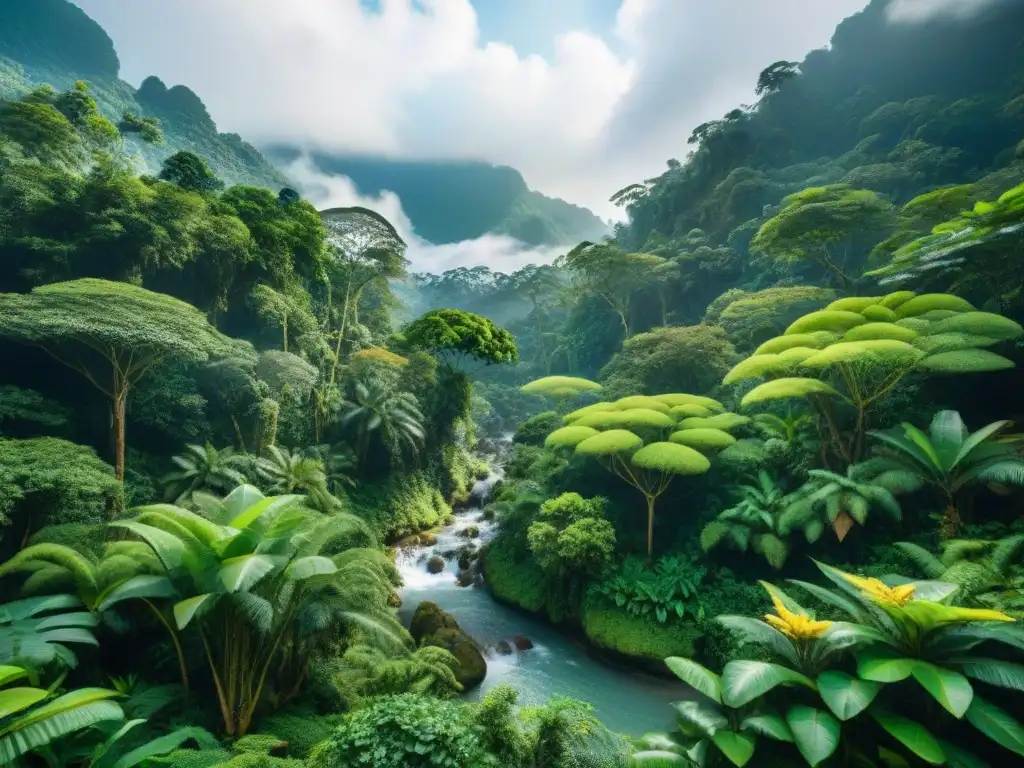 Un exuberante bosque tropical en Asia, con plantas exóticas, árboles majestuosos y un arroyo cristalino