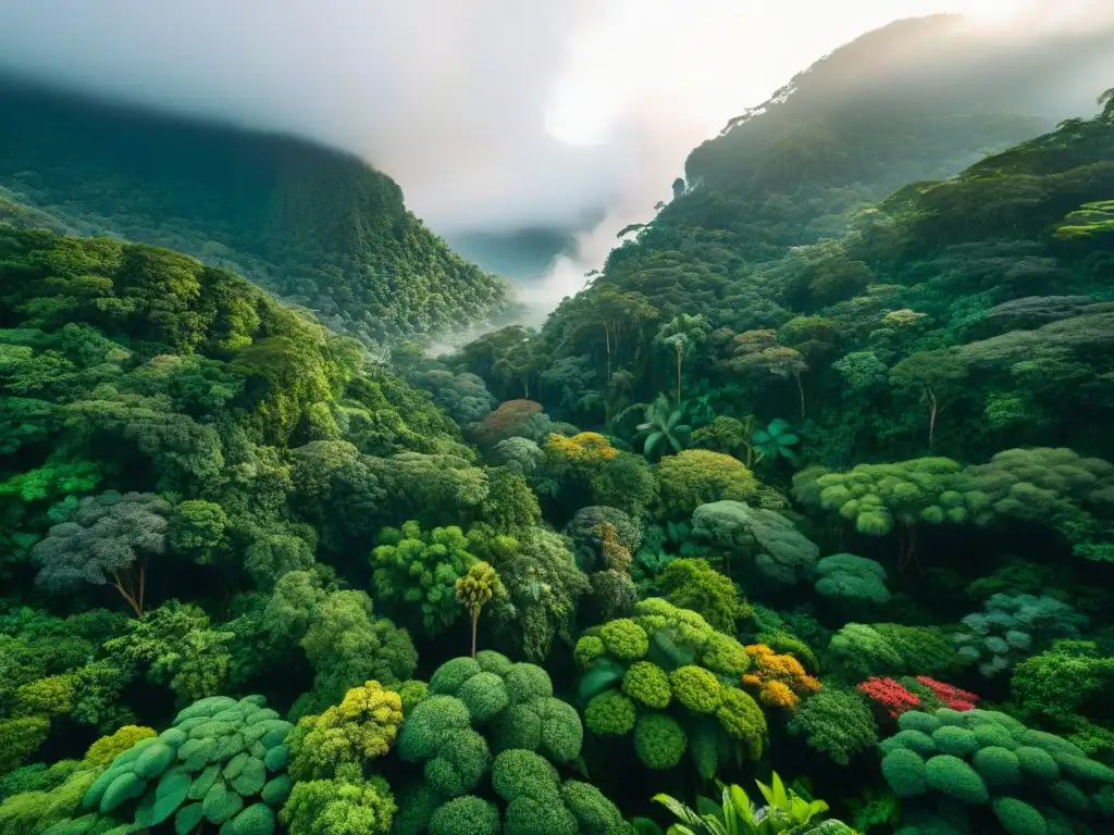 Un exuberante bosque tropical visto desde arriba, con luz solar filtrándose entre la densa vegetación