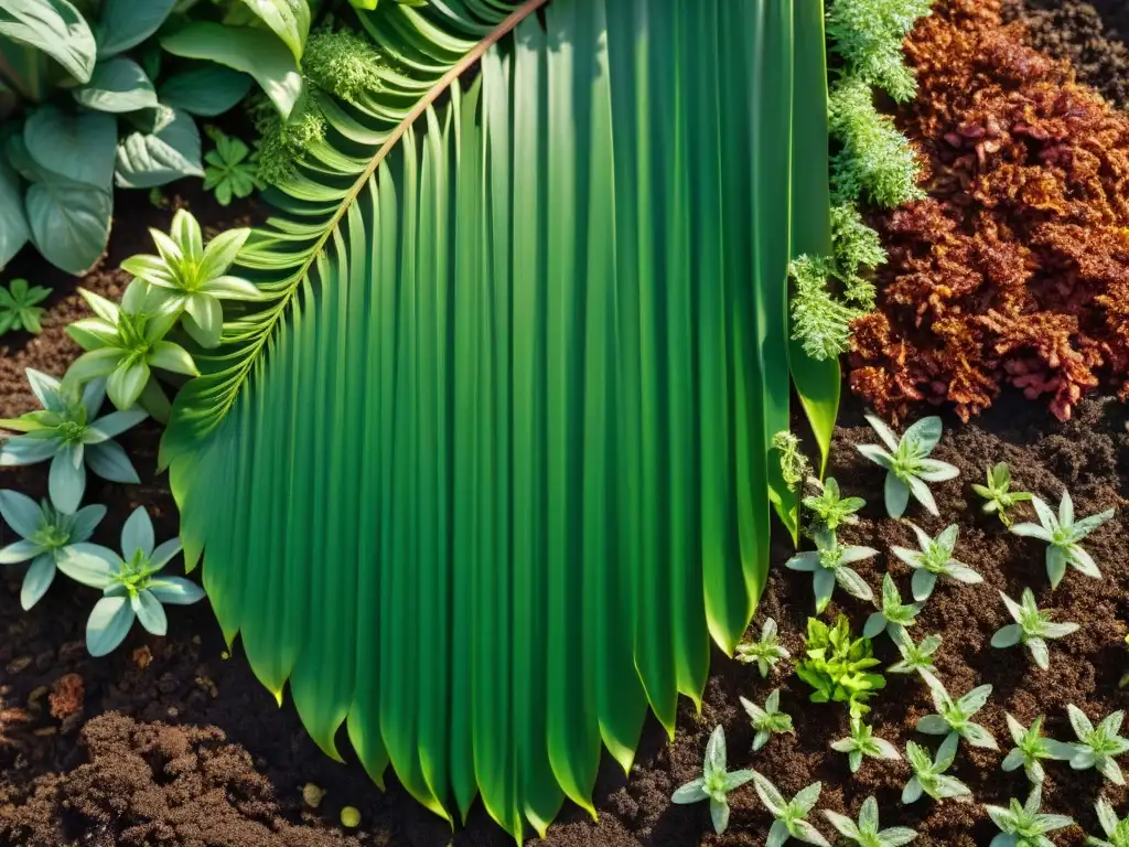 Un jardín exuberante cubierto de mantillo orgánico, resaltando sus texturas y colores