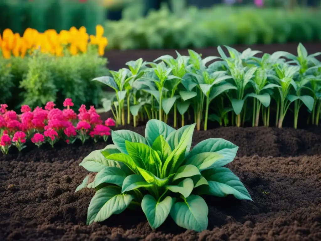 Un jardín exuberante cubierto de mantillo oscuro, con plantas asomando