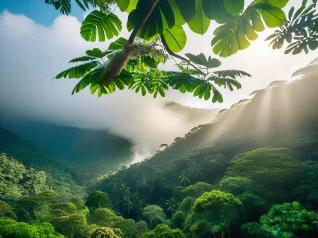 Un exuberante dosel de selva lluviosa con luz solar filtrándose entre las hojas, en un destino ecológico para revitalizar