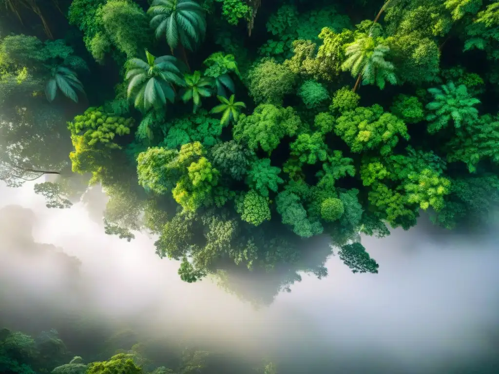 Un exuberante dosel de selva tropical, con hojas verdes vibrantes brillando bajo la luz solar