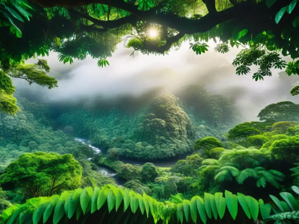 Un exuberante dosel de selva tropical con aves exóticas y un arroyo serpenteante, creando un efecto de catedral natural