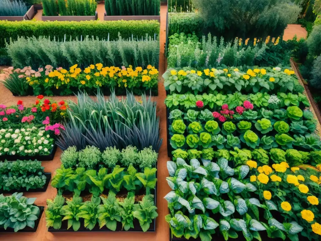 Un jardín exuberante con flores coloridas y plantas verdes, organizadas en camas elevadas con sistema de riego por goteo