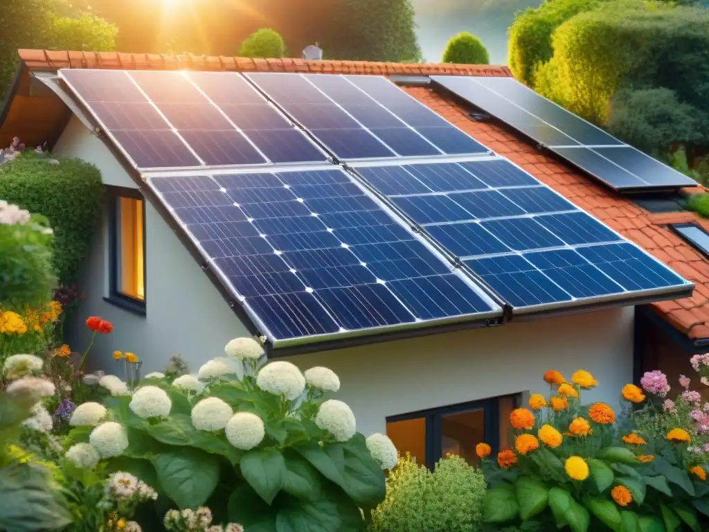 Jardín verde y sostenible con paneles solares Un jardín exuberante con flores y plantas vibrantes bajo la luz solar, reflejando los beneficios de los paneles solares en la calidad de vida