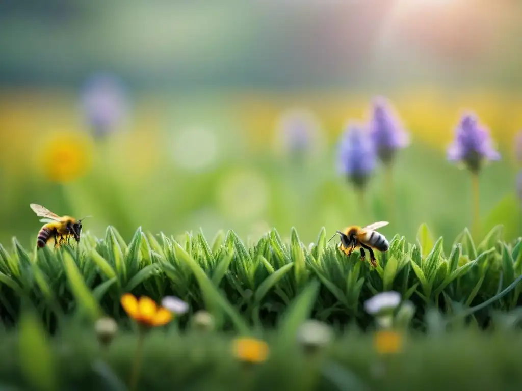 Un jardín exuberante con flores silvestres vibrantes, abejas y mariposas