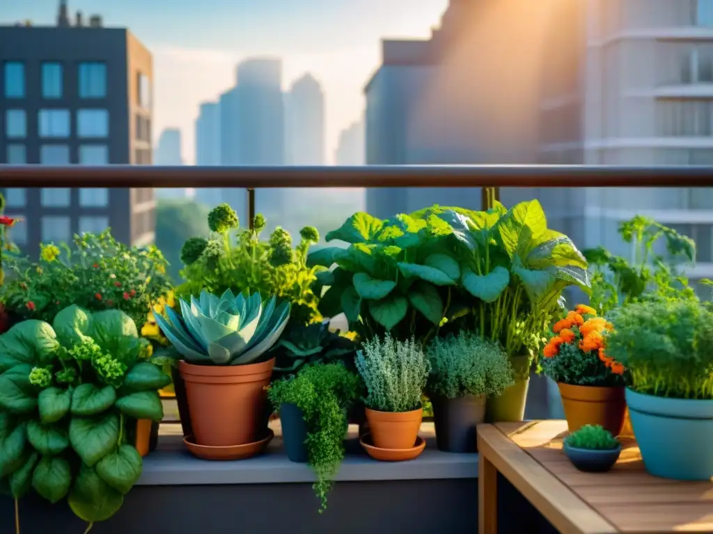 Un exuberante huerto urbano sostenible en balcones, rebosante de vida y color, bajo la luz cálida de la ciudad