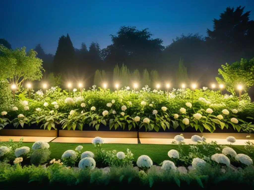 Un jardín exuberante iluminado por luces LED, creando una atmósfera mágica