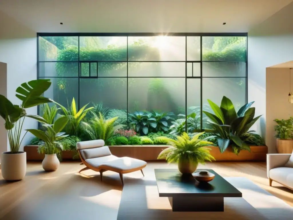 Un exuberante jardín interior con las mejores plantas para decorar y purificar el espacio en una sala ecoamigable y moderna