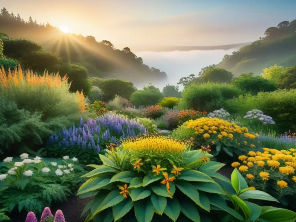 Un jardín exuberante lleno de plantas autóctonas en plena floración, con detalles vibrantes y vida silvestre