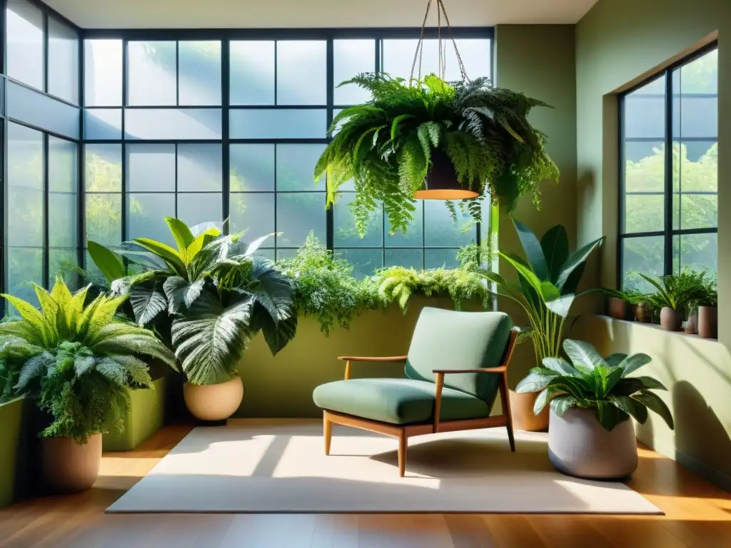 Un jardín interior exuberante con las mejores plantas para decorar y purificar el espacio, iluminado por el sol en una moderna sala de estar