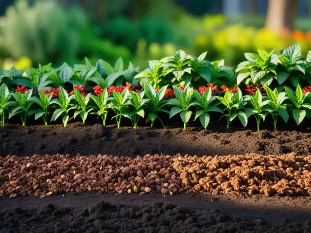 Un jardín exuberante con mulch oscuro resaltando la vegetación vibrante