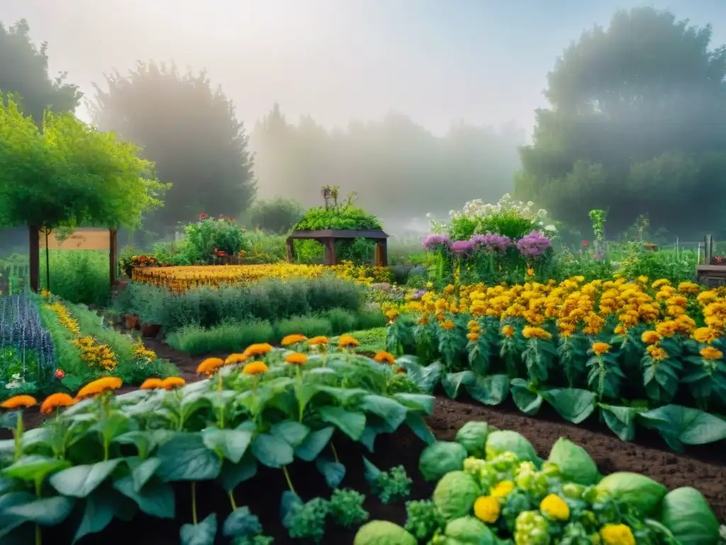 Un exuberante jardín de permacultura alimenta el planeta con su diversidad de frutas, verduras y flores en plena floración