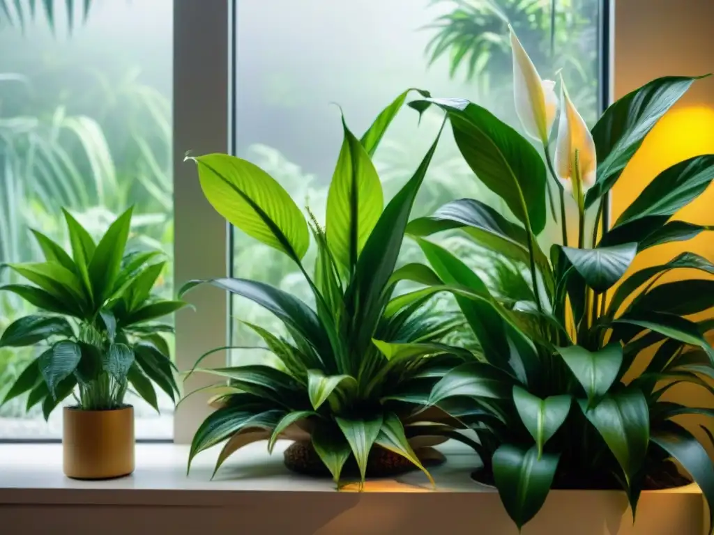 Un jardín interior exuberante con plantas de interior purificación aire, resplandeciendo bajo la luz solar