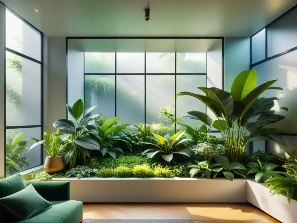 Un jardín interior exuberante con plantas purificadoras de aire ecológicas en una sala moderna y luminosa