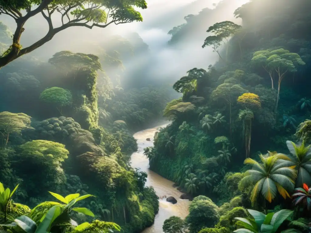 Una exuberante selva tropical con diversa fauna, rayos de sol filtrándose entre el follaje y un río serpenteante