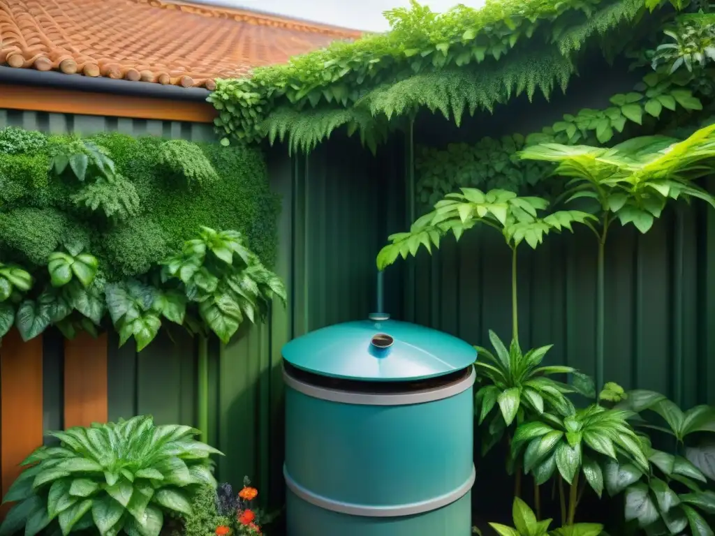 Un jardín exuberante con sistemas de recolección de agua lluvia, reflejando la armonía de la jardinería sostenible