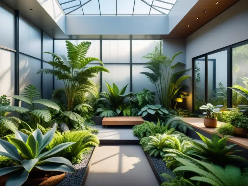 Un exuberante jardín interior sostenible en una atmósfera ecofriendly con detalles verdes y luz natural