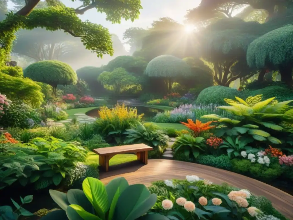 Jardín botánico exuberante: detalle y serenidad Un jardín botánico exuberante con variedad de plantas, texturas y colores