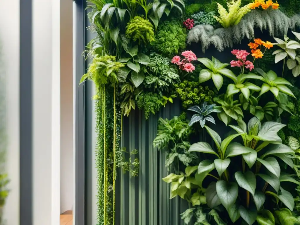 Exuberante jardín vertical en casa ecológica: plantas verdes y flores coloridas bajo el sol