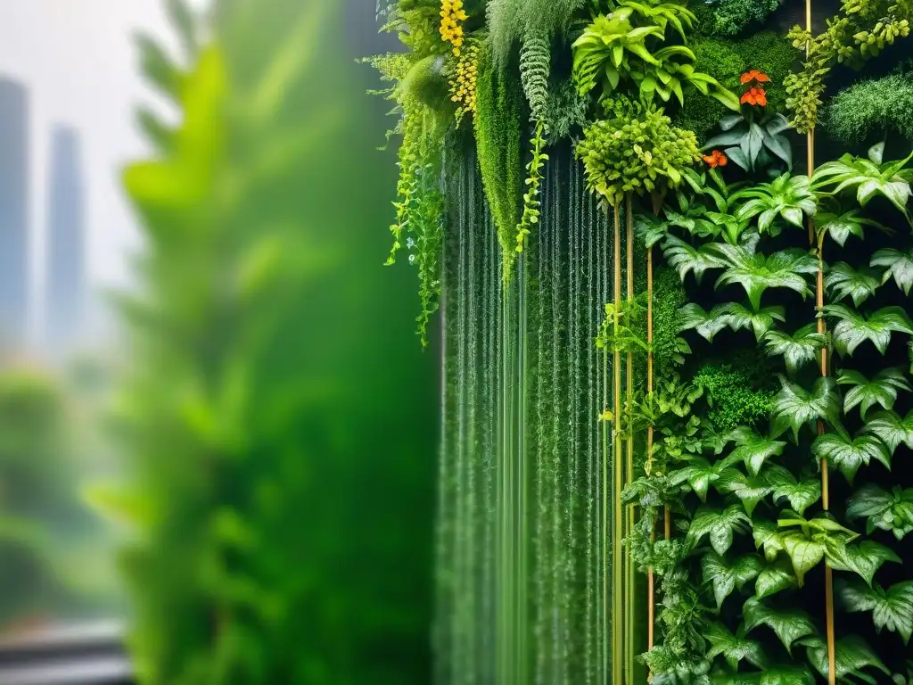 Un exuberante jardín vertical ecológico, con plantas tropicales vibrantes en armonía