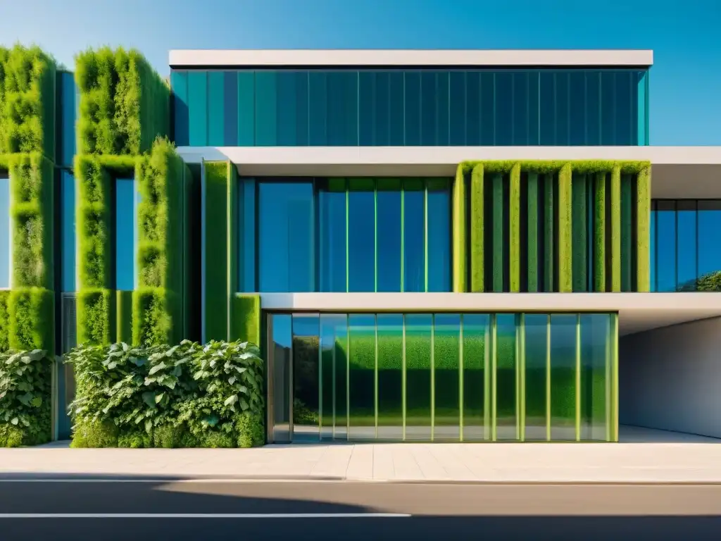 Fachada arquitectónica con sistema de microalgas integrado, fusionando naturaleza y modernidad