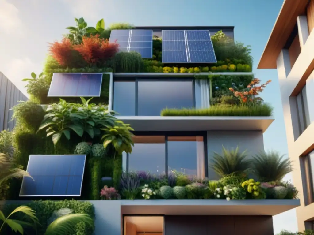 Fachada ecoamigable con jardines verticales y paneles solares integrados, fusionando naturaleza y tecnología