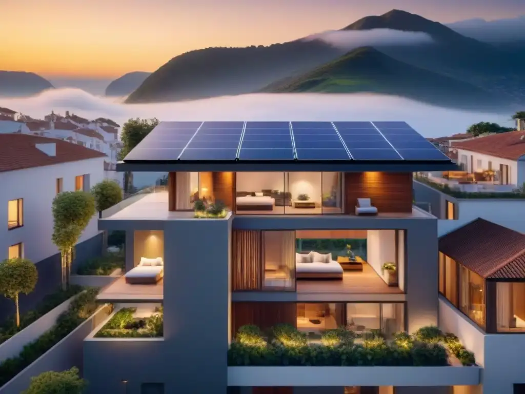 Fachada moderna con paneles solares integrados en arquitectura, fusionando sostenibilidad y belleza al atardecer